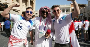 England fans in the Souq area of Doha today, ahead of the FIFA World Cup Round of Sixteen match at the Al-Bayt Stadium in Al Khor, Qatar