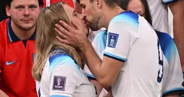 Harry Kane shares a kiss with his wife Katie Goodland after England reach the quarter-finals