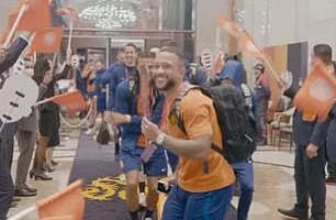Memphis Depay led Holland's celebrations as they arrived back at the team hotel