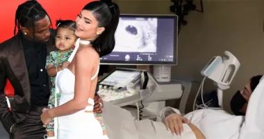 Kylie Jenner in a white dress holding Stormi, next to Travis Scott in a brown suit (left) Kylie Jenner in a hospital bed getting a baby scan (right)