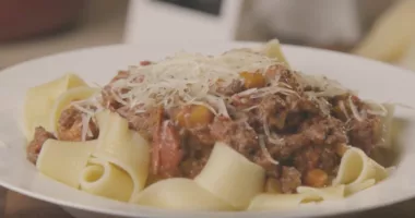 This simple bolognese sauce goes well with pappardelle pasta