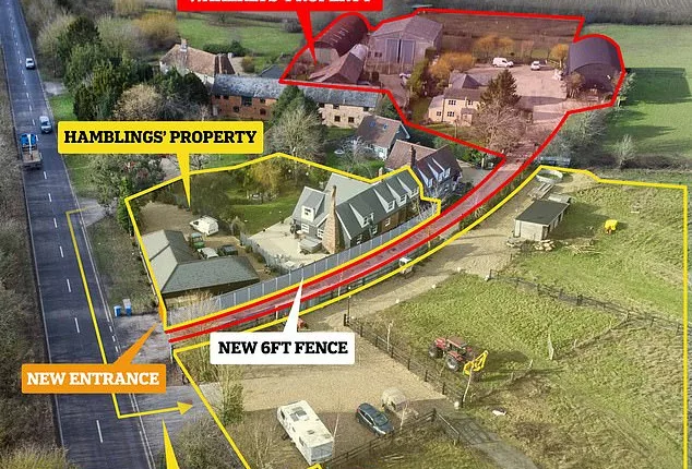 The Hamblings, who live in Garden Cottage (hightlighted yellow, left) allege their millionaire neighbours the Wakerlys, who live in Tills Farm Cottage (highlighted red, right) erected a 6ft fence which stops them from using their front door to access the Hamblings