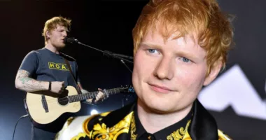 Ed Sheeran performing live in concert (left), Ed Sheeran wearing a black and yellow shirt (right)
