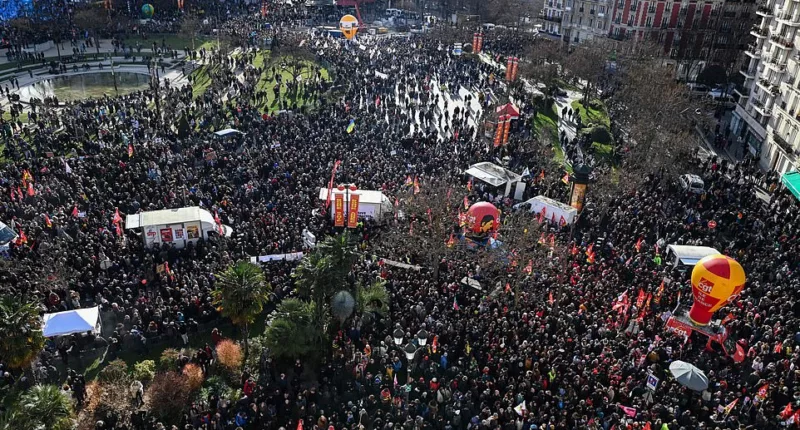 Thousands of protesters gather at Place d'Italie square in Paris for a rally on a second day of nationwide strikes and protests