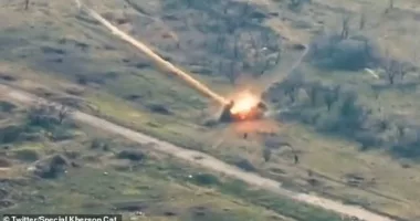 The footage shows the moment that the Russian troops are blasted by the weapon