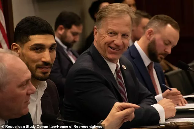 NBA star Enes Kanter Freedom was on Capitol Hill last week, updating the Republican Study Committee on his advocacy work and being wanted by Turkish officials (pictured: Kanter Freedom with RSC Chair Rep. Kevin Hern, who is spearheading the letter)
