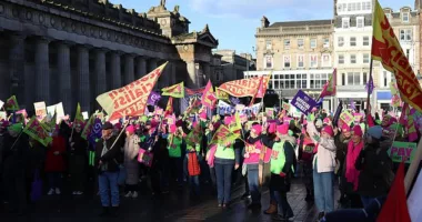 Teachers gather to demonstrate as they continue their strike demanding a raise of wages and enhancing of their working conditions in Edinburgh, Scotland on January 27
