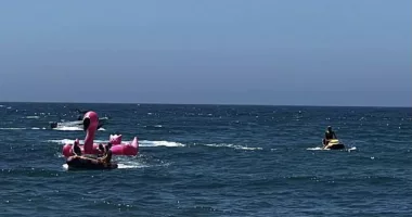 Five men were brought back to shore on Australia Day after their giant pink flamingo inflatable appeared to be heading into trouble