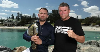 Alex Volkanovski's coach Joe Lopez is quietly confident that the featherweight kingpin (pictured together in 2020) will make history at UFC 284 against Islam Makhachev