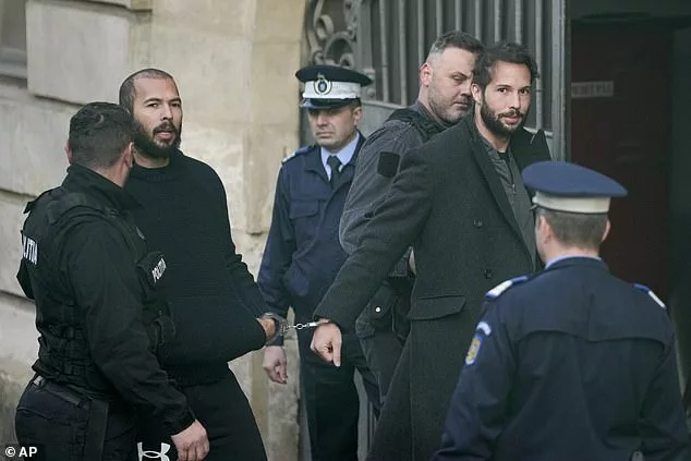 Police officers escort Andrew Tate (second left), handcuffed to his brother Tristan Tate, to the Court of Appeal in Bucharest, Romania, February 1, 2023