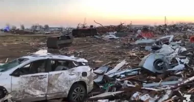 As dawn broke a trail of destruction left by powerful tornadoes ripping through Mississippi was laid bare with one town obliterated by the devastating storm