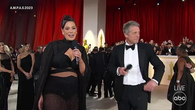 Channel 10 presenter Angela Bishop gave Hugh Grant (right) a surprise gift after his awkward Oscars interview with model Ashley Graham (left) went viral