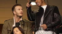 All-star friends: David Beckham hung out with British F1 racer Lewis Hamilton at the all-star Super Bowl on Sunday evening