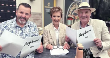 Filming dates for the Neighbours reboot has been confirmed by streaming platforms Freevee and Prime Video. (Pictured: Ryan Moloney, Alan Fletcher and Jackie Woodburne)
