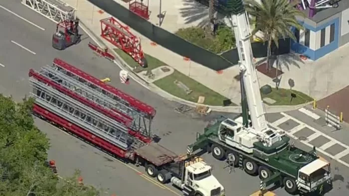 Final pieces of Orlando FreeFall drop tower at ICON Park are removed