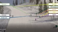 Gwyneth Paltrow (in black) is seen skiing just slightly in front and over to the right of retired optometrist Terry Sanderson (in blue) in an animated reconstruction video after she told the court that he crashed into her