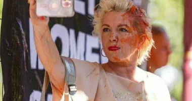 Posie Parker, pictured with tomato sauce on her head, was targeted by pro-trans activists at a rally in Auckland, New Zealand