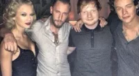 Cosy: Taylor Swift, Ed Sheeran and Harry Styles pose for a photo with a male friend at Robin Thicke's MTV VMAs after-party