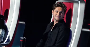 Niall Horan looks to his left while sitting in a chair on season 23 of