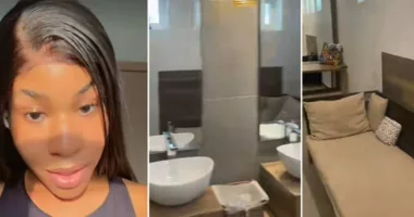 Nigerian lady shocked to see bed and wardrobe inside a restroom at Lagos restaurant (Video)