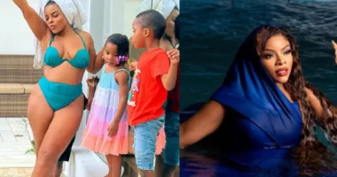 “See how your son is looking at you” – Laura Ikeji drags by fans as she poses in bikini in front of kids