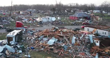 A shocking drone video flying over the state of Indiana shows the devastation left after 65 deadly twisters tore across the Midwest and South Friday, killing at least 11 people