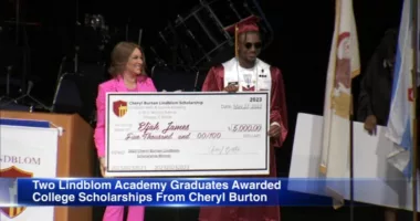 ABC7 Anchor Cheryl Burton awards scholarships for college to 2 Lindblom Math and Science Academy graduates in Englewood, Chicago