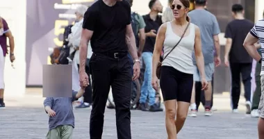 Fun in the sun: Ellie Goulding, 36, appeared in good spirits as she enjoyed a family holiday with husband Caspar Jopling, 31, and their son Arthur, two, in Florence, Italy on Monday