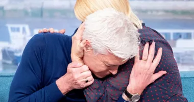 Eamonn Holmes has recalled the extraordinary moment Phillip Schofield fell 'down on his knees crying' moments before he revealed he was gay live on This Morning (pictured)