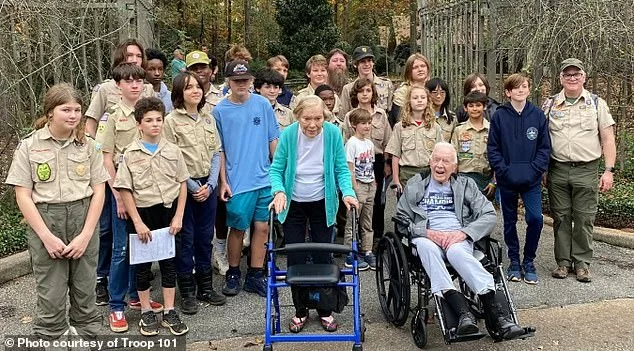 Jimmy Carter's wife Rosalynn has been diagnosed with dementia - three months after her husband entered hospice care at their home in Georgia. The couple are pictured together with a Boy Scout troop last fall