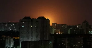 A drone exploding during a Russian strike on Kyiv on May 28, 2023