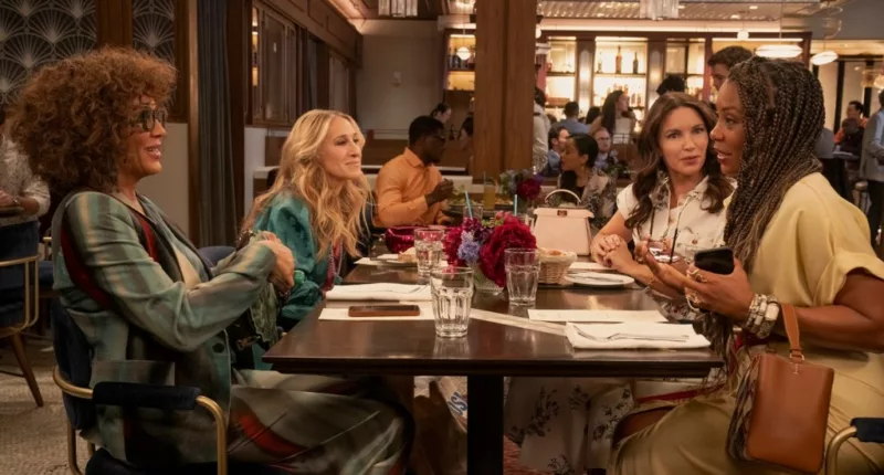 Nya Wallace, LTC, Carrie Bradshaw and Charlotte York sit at lunch during 'And Just Like That...' season 2