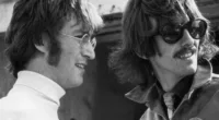 John Lennon and George Harrison in black-and-white