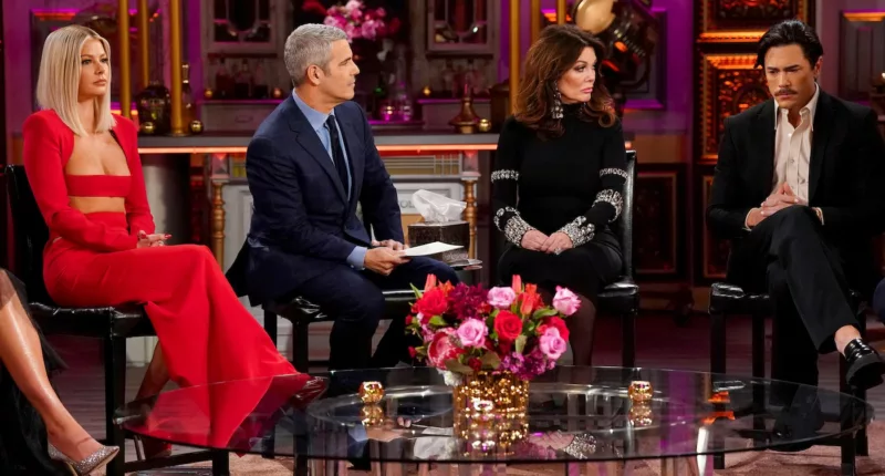 Ariana Madix, Andy Cohen, Lisa Vanderpump, Tom Sandoval sit together at the 'Vanderpump Rules' reunion