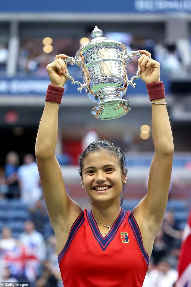 Emma Raducanu of Great Britain celebrates with the championship trophy after defeating Leylah Annie Fernandez of Canada during their Women