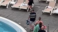 While the other holidaymakers made their way towards the loungers, he took a shortcut to arrive their first and throw his towels down to claim the seats in impressive speed