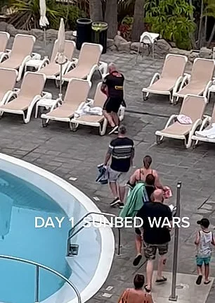 While the other holidaymakers made their way towards the loungers, he took a shortcut to arrive their first and throw his towels down to claim the seats in impressive speed