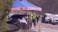 A teenage girl has died after the stolen car she was in collided with a truck on the Hume Highway in rural Victoria on Wednesday morning (pictured, police at the crash site)