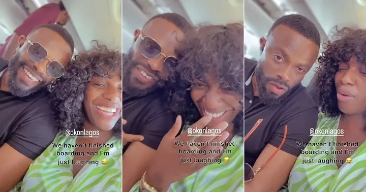 “I don laugh tire” – Moment Hilda Baci bumped into Okon Lagos inside plane (Video)