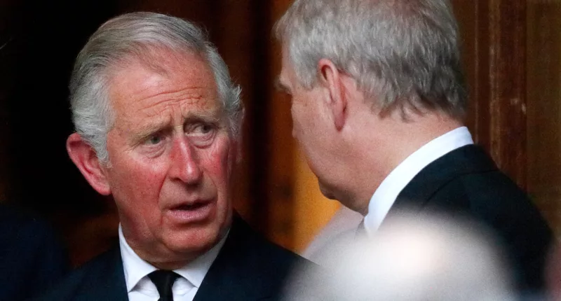 King Charles, then Prince of Wales and Prince Andrew, Duke of York attend the funeral of Patricia Knatchbull, Countess Mountbatten of Burma at St Paul's Church, Knightsbridge on June 27, 2017 in London, England