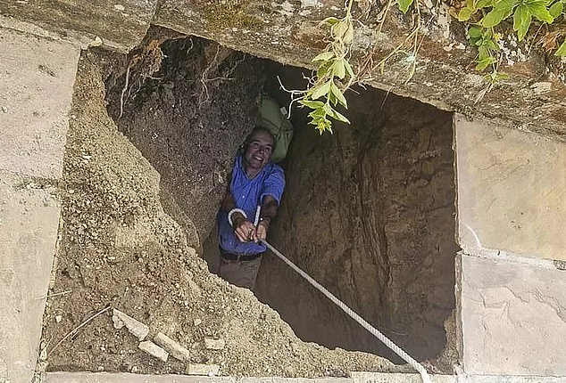 A 76-year-old pensioner (pictured) had to be rescued after he fell through a garden patio and became trapped 6ft 7in down a well