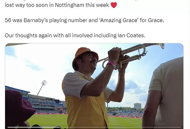 Poignant moment Barmy Army trumpeter plays Amazing Grace at Ashes in tribute to Nottingham victims