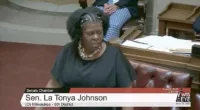 Johnson, pictured here on Wednesday night, delivered the remarks after a speech on crime