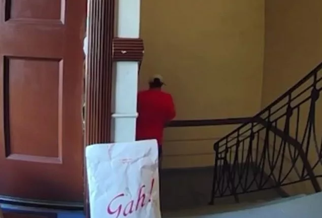 Shocking doorbell footage shows the moment an Uber Eats delivery driver appears to urinate in the stairwell of a Los Angeles area apartment building