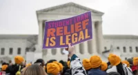 Activists and students protest in front of the Supreme Court during a rally for student debt cancellation