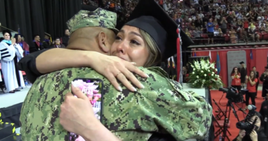 WATCH: Military father travels over 30 hours to surprise daughter at graduation ceremony
