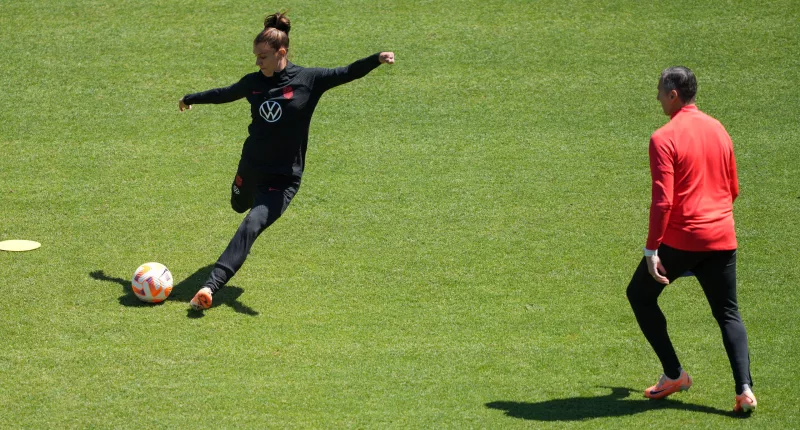 Alex Morgan trains with USWNT coach Vlatko Andonovski in San Jose, Calif., on July 8, 2023. (John Todd—USSF/Getty Images)