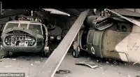 The footage shows destroyed helicopters and military vehicles