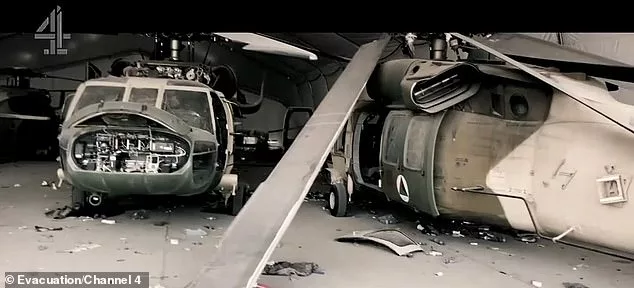 The footage shows destroyed helicopters and military vehicles