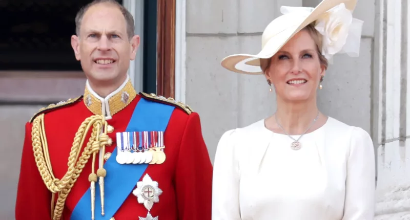 Sophie, Duchess of Edinburgh and Prince Edward, Duke of Edinburgh watch the fly-past on the Buckingham Palace balcony during Trooping the Colour on June 17, 2023 in London, England
